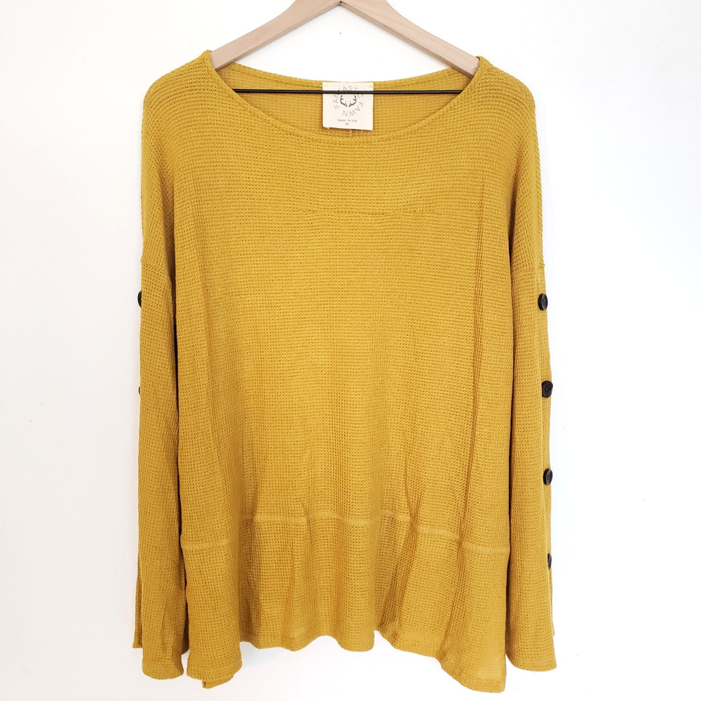 Fantastic Fawn Women SIZE M Waffle Knit Oversized Yellow Boho Long Sleeve Top